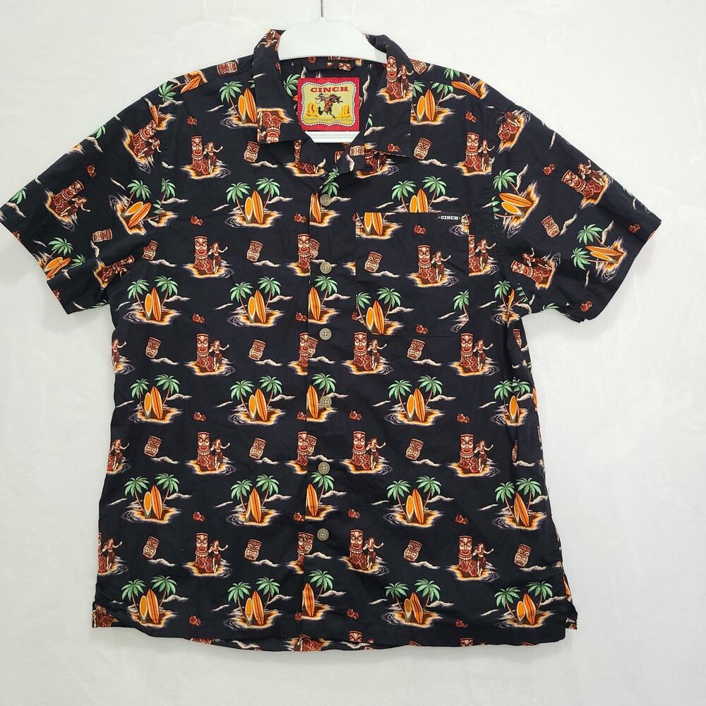 Cinch Black Tiki Print Tropical Camp Short Sleeve Shirt Mens Small Surf Aloha